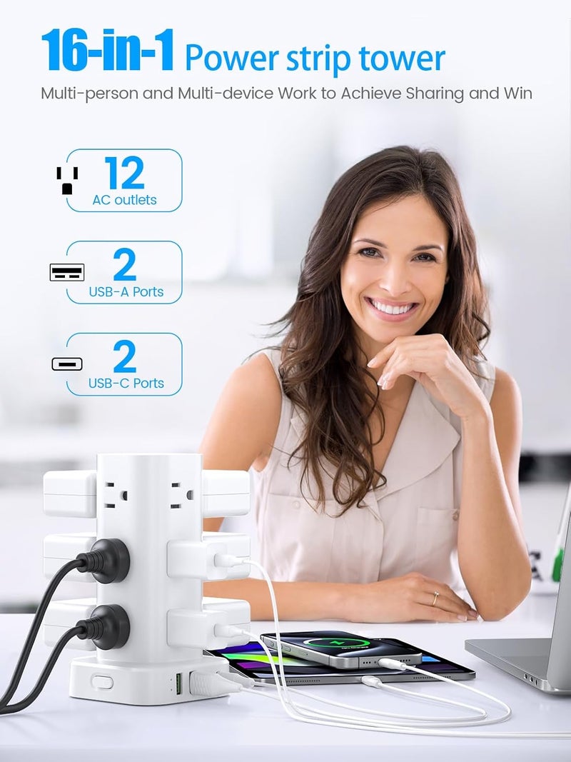 Pluackg أشرطة الطاقة البرجية مع حماية من زيادة التيار، سلك تمديد مسطح بطول 6 أقدام مع مآخذ متعددة، 12 مخرج AC و4 منافذ USB، محطة شحن حماية من الحمل الزائد للمكتب والمنزل وغرفة النوم والسفر (أبيض) - Image 2